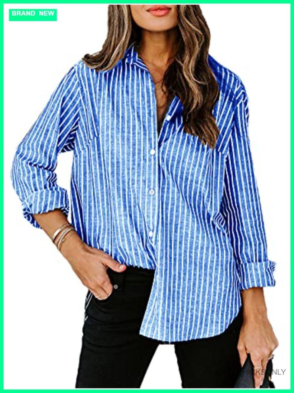 Womens 100% Cotton Striped V-Neck Button Down Shirt L/S Work Blouse